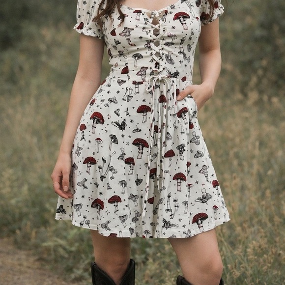 Thorn & Fable Dresses & Skirts - Mushroom Butterfly Lace Up Mini Dress Cream Red XL Cottagecore alt girl Whimsey